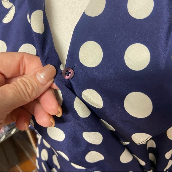 Argent Vintage Navy Polka Dot 100% Silk Wrap Top Size 12 Career Classic Polished - Picture 8 of 9